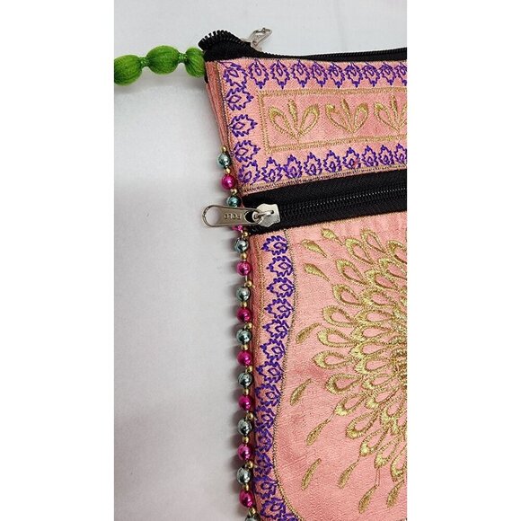 Pink Embroidered Peacock Crossbody Bag With Rainbow Beaded Strap & Zipper Pocket - Picture 5 of 10